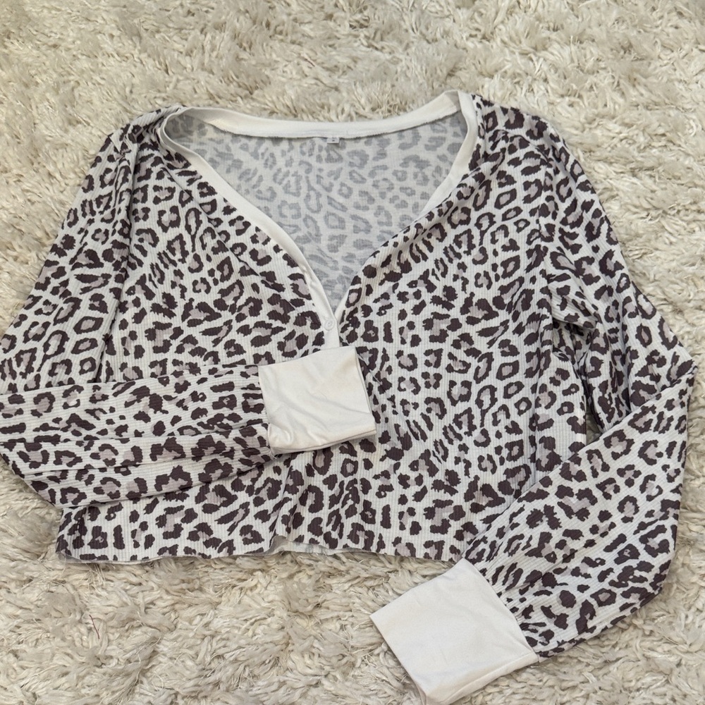 Leopard Print Waffle Knit Henley Top - Cream & Brown